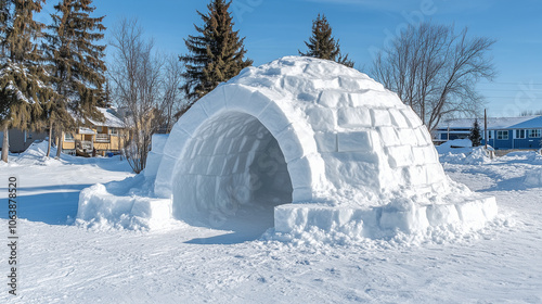 Tradycyjne igloo, wykonane z doskonale uformowanych bloków śniegu. Jego okrągły kształt i solidna konstrukcja pokazują doskonałe zrozumienie warunków środowiskowych.