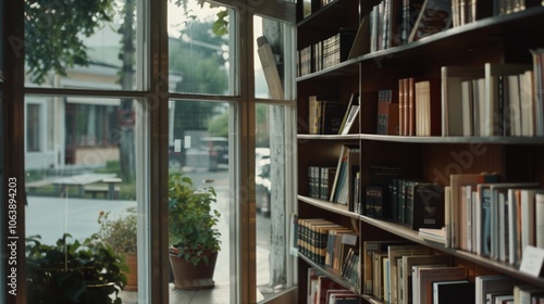 Sunlight filters through a bookstore's window, casting light on rows of books, enticing readers into this magical world of literary wonders.