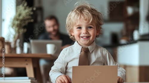 A cheerful young boy, dressed in a shirt and tie, stands in a modern kitchen holding a cardboard card, showcasing enthusiasm, modernity, and future potential.