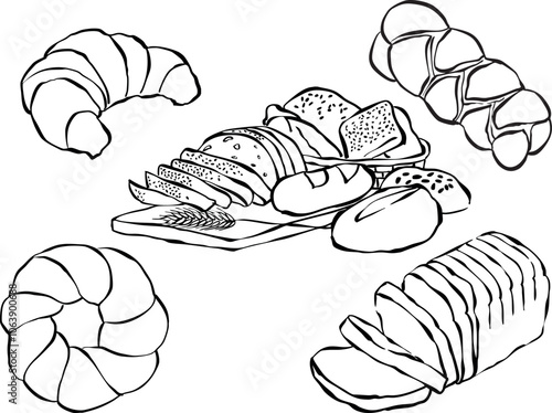 Ilustración de pan dibujada a mano. Iconos de garabatos de desayuno y almuerzo. Vectores de panadería para invitaciones, menús y fiestas. 