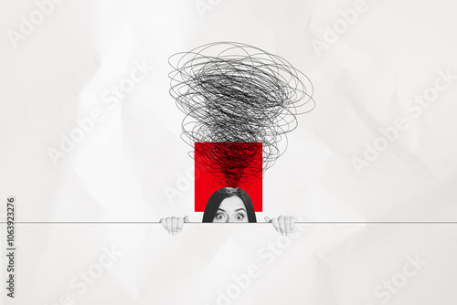 Artwork collage of young funny woman hiding overthinking minded dilemma doodle problems mental health isolated on white color background