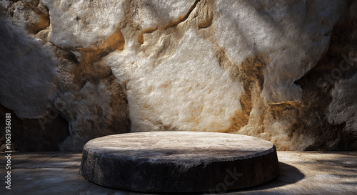 Pódio circular de pedra com luz e sombra contra uma parede de textura áspera.