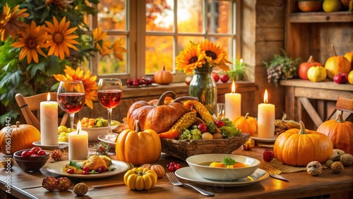 Thanksgiving Day Cozy dinner setting family gathering gratitude blessings festive decorations pumpkin pie warmth holiday spirit joyful togetherness