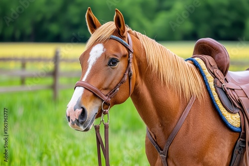 A saddled beautiful chestnut western quarter horse gelding stands on a country road in summer