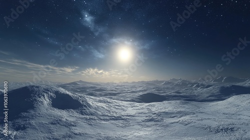 A vast, icy landscape under a starry sky with a bright sun, showcasing the beauty of a cold, remote environment.