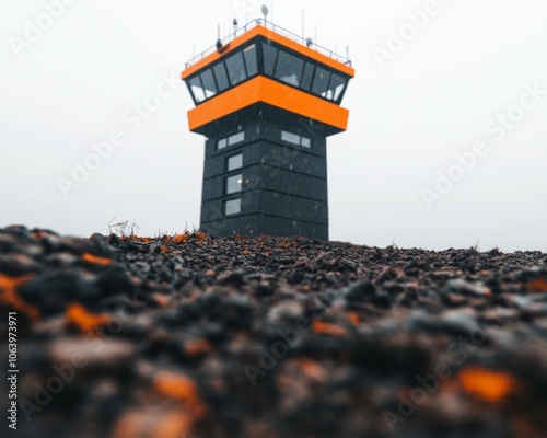 Low angle view of an airport control tower on a foggy day.