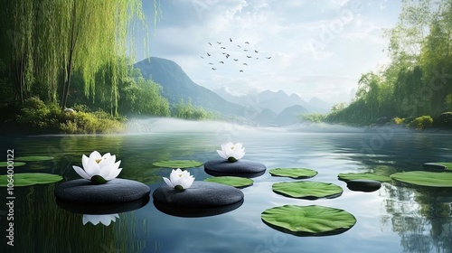 A serene landscape featuring a tranquil body of water surrounded by lush greenery. In the foreground, several smooth black stones rest on the water's surface, each adorned with vibrant white lotus flo