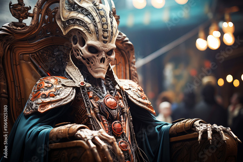 A dignified alien monarch, adorned with elaborate ceremonial attire and intricate jewelry, presides over a grand event in a richly decorated setting.