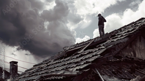 Male worker of undetermined race in dark clothing surveys a deteriorated roof against a stormy sky, evoking a sense of urgency.