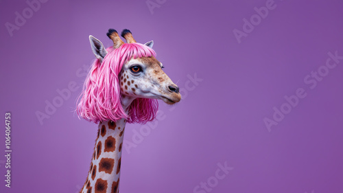 Long neck Giraffe wearing a pink short cut bop hairstyle wig isolated on purple background