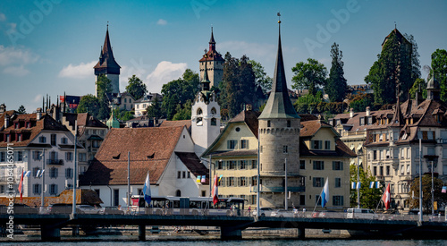 Lucerne, Switzerland. Panoramic view of the Chapel Bridge, the Jesuit Church St Francis Cavier, and the Reuss River, in Lucerne (Luzern), Switzerland. Lucerne (Luzern) with famous Chapel bridge