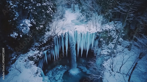 凍った滝と雪の森