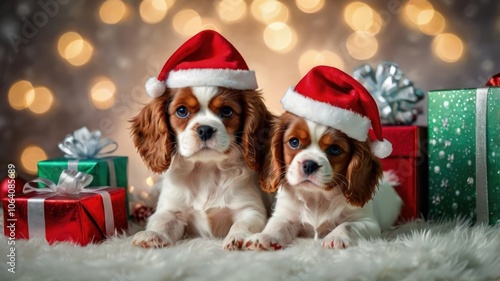 Cute two king charlies spaniel puppies in Santa hat and bow tie beside a Christmas tree with gifts and ornaments, set against a bokeh background. Perfect for holiday and seasonal visuals.