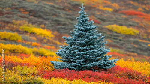 Vibrant Fall Scene with Blue Spruce Tree Surrounded by Colorful Autumn Foliage in Stunning Colors