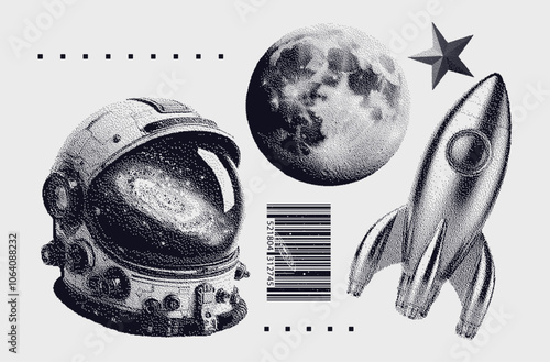 galaxy elements set, retro photocopy stipple effect style, halftone design, astronaut helmet, moon, space rocket 