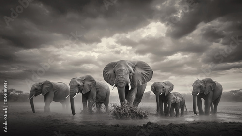 Elephants Playing in Water under African Sky