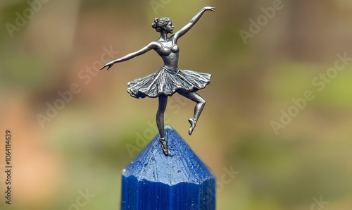 A miniature ballet dancer poised in a pirouette on a blue pencil, sculpted in a dark, metallic finish.