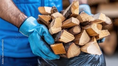 A close-up view of a person holding a pile of cut firewood, wearing blue gloves, showcasing the texture and natural color of the wood pieces against blurred background.