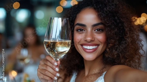 A radiant woman faces the camera with a wine glass aloft, exuding happiness and connection in a setting of warm, glowing lights, perfect for celebration.