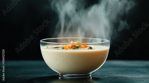 glass bowl of steaming new england clam chowder, kitchen scene, strobe lighting - copy space