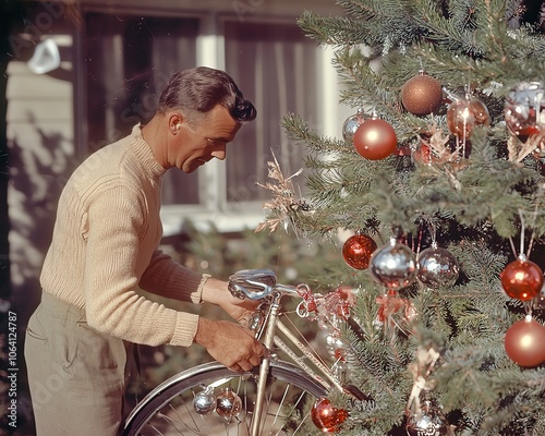 Retro 1945 Christmas morning, father placing bicycle near decorated tree, vintage ornaments, nostalgic color palette