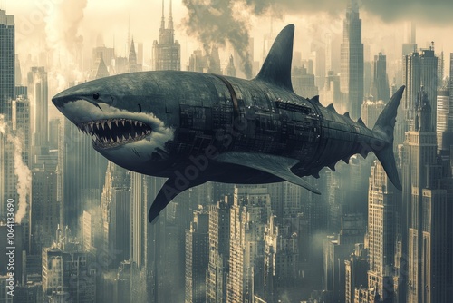 shark airship flying among the skyscrapers