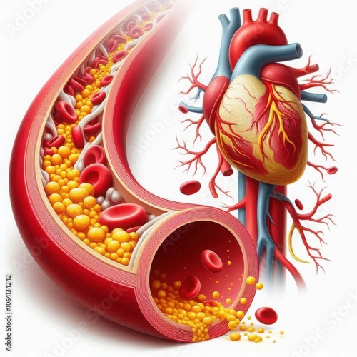 Detailed illustration of human heart and artery with plaque buildup, showcasing the circulatory system and its anatomy