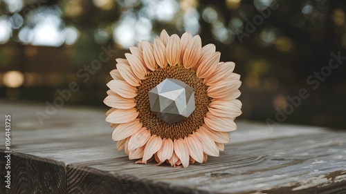 Abstract sunflower photo with geometric center on wooden background with greenery