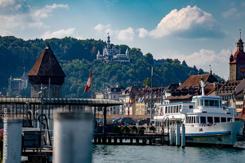 Lucerne, Switzerland. Panoramic view of the Chapel Bridge, the Jesuit Church St Francis Cavier, and the Reuss River, in Lucerne (Luzern), Switzerland. Lucerne (Luzern) with famous Chapel bridge