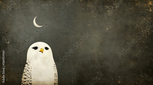  A white bird perched on a dark background, its yellow beak pointing upward as a half-moon illuminates the sky