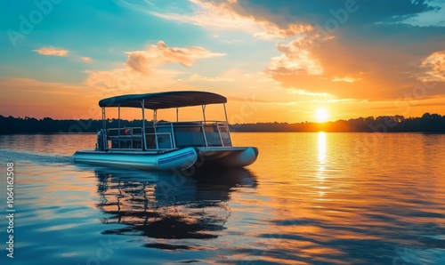 A pontoon boat sailing on a lake with a stunning sunset, capturing the idyllic and peaceful nature of a quiet evening on the water