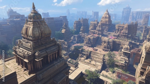 A high angle view of a sprawling ancient city with many tall buildings and structures, a large plaza in the center, and trees scattered throughout.