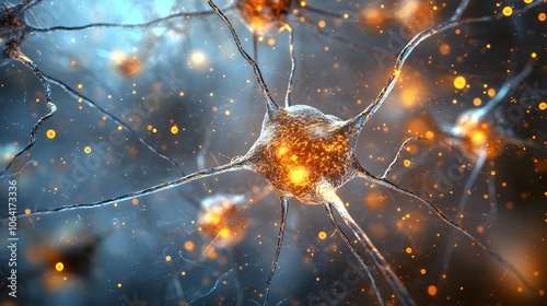 A Single Neuron Illuminated with Orange Glowing Spots