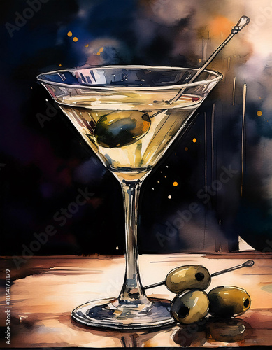 A martini cocktail with olives in a martini glass, painted in a vibrant, impressionistic style