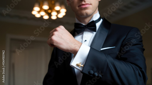 A man in a black suit and tie is getting ready to attend a formal event. He is adjusting his cufflinks and tie, making sure everything is in place. Concept of elegance and sophistication