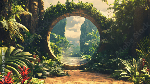 Heaven's gate, mystical round portal in desert leads to lush, vibrant paradise garden filled with tropical plants. fantasy, adventure, escapism and nature concept. Mystical. Illustration