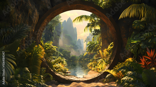 Heaven's gate, mystical round portal in desert leads to lush, vibrant paradise garden filled with tropical plants. fantasy, adventure, escapism and nature concept. Mystical. Illustration