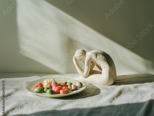 Une silhouette prostrée devant une assiette pleine de nourriture, symbole de trouble alimentaire type boulimie, hyperphagie, orthorexie ou anorexie mentale