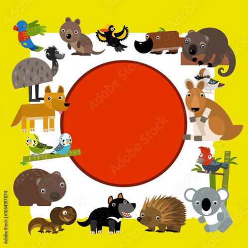 cartoon scene with frame border template with african animals like kangaroo koala dingo tasmanian devil emu duck platypus parrot birds and other with space for text illustration for children