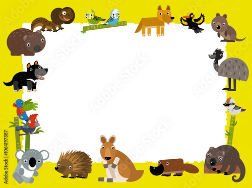 cartoon scene with frame border template with african animals like kangaroo koala dingo tasmanian devil emu duck platypus parrot birds and other with space for text illustration for children