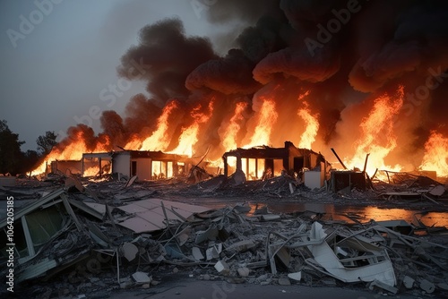 Destruction of Landscape by Wildfires Ruined Buildings and the Aftermath of Disaster