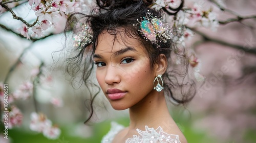 Starry-Eyed Mixed Race Girl Amid Cherry Blossoms