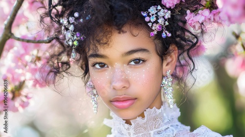 Starry-Eyed Mixed Race Girl Amid Cherry Blossoms