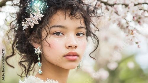 Starry-Eyed Mixed Race Girl Amid Cherry Blossoms