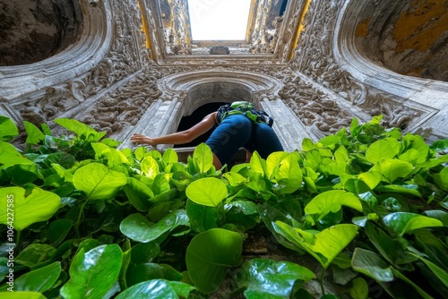 A person climbing out of a window in an old building, catching their breath as they carefully make their escape