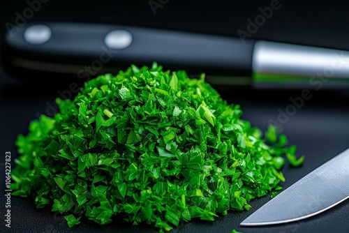 A pile of minced parsley with a knife set down beside it, bright green and ready to garnish a meal