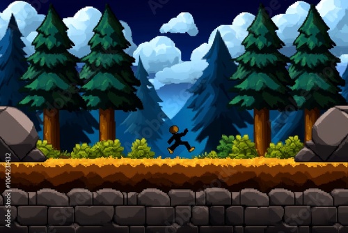 Pixel art of a figure escaping through a forest, with simple yet detailed 8-bit trees and a tiny figure in motion, evoking a retro game-style escape