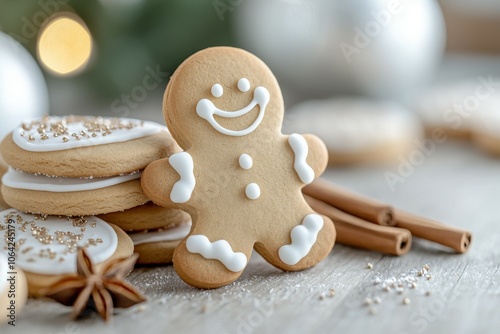 A gingerbread man cookie with a smile on its face sits on a table with other coo