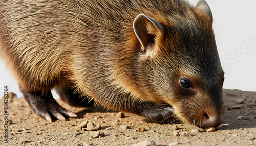 A wild wombat, short-legged, muscular quadrupedal marsupial foraging on the ground, close up shot of native Australian wildlife species isolated with white shades, png