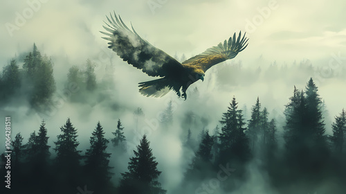 Majestic eagle superimposed with a misty forest landscape, creating a mystical abstract artwork. Mystical. Illustration